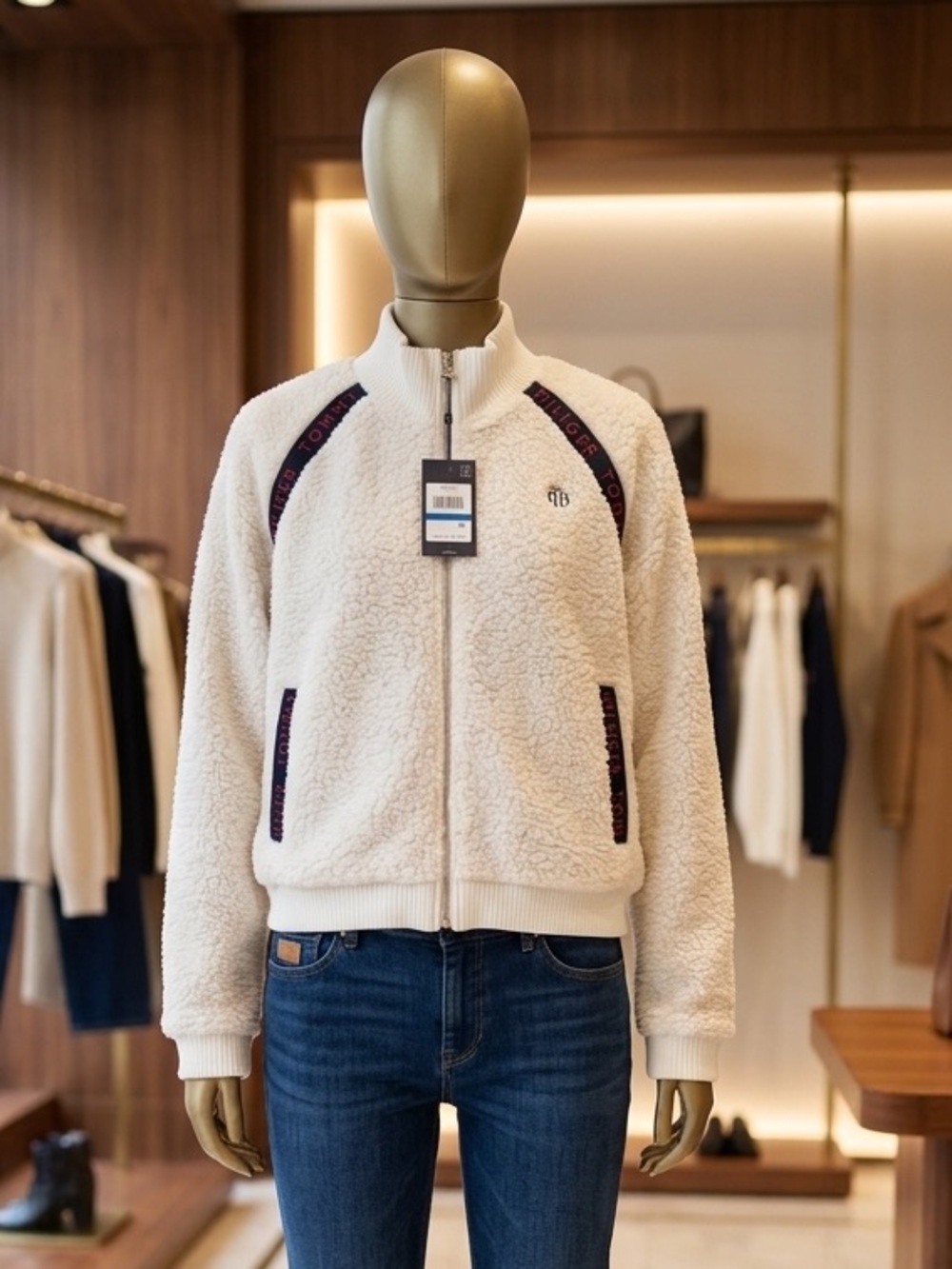 Tommy Hilfiger Cream Sherpa Zip-Up Jacket with Black Trim